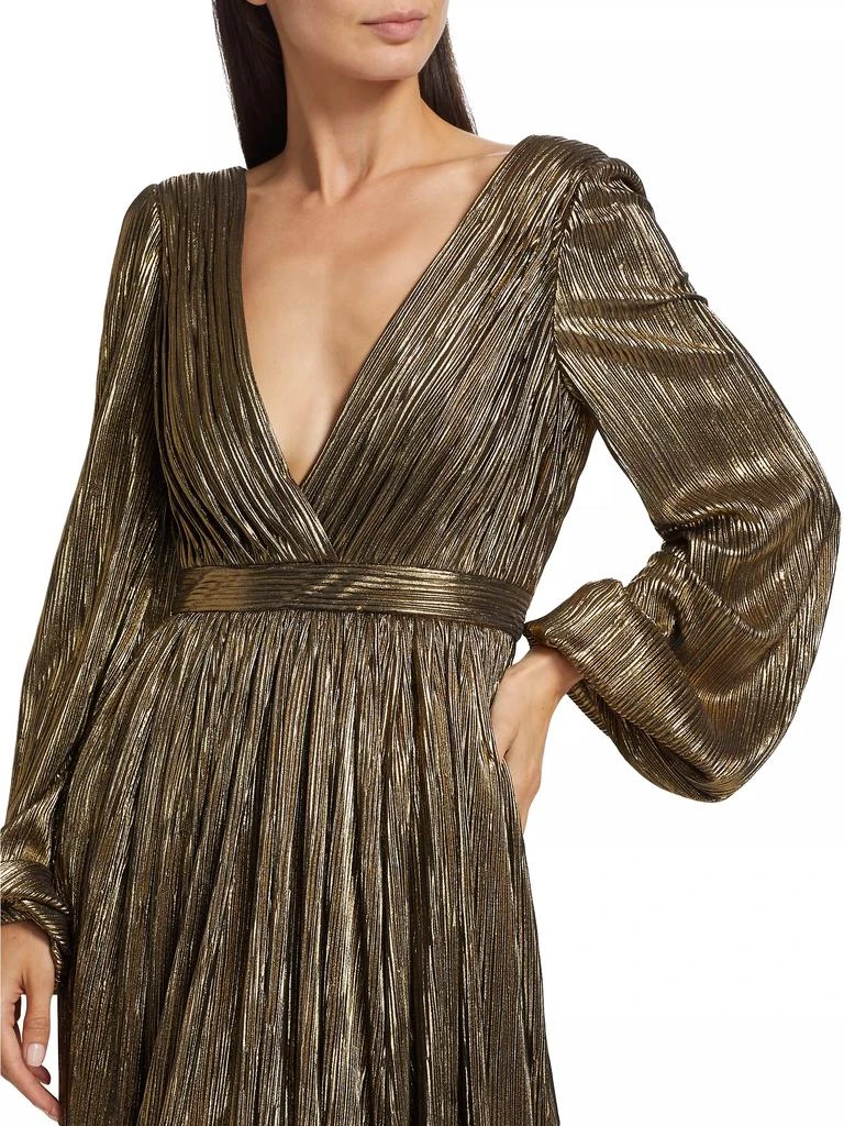 Badgley Mischka Metallic Pleated Georgette Long-Sleeve Gown 6