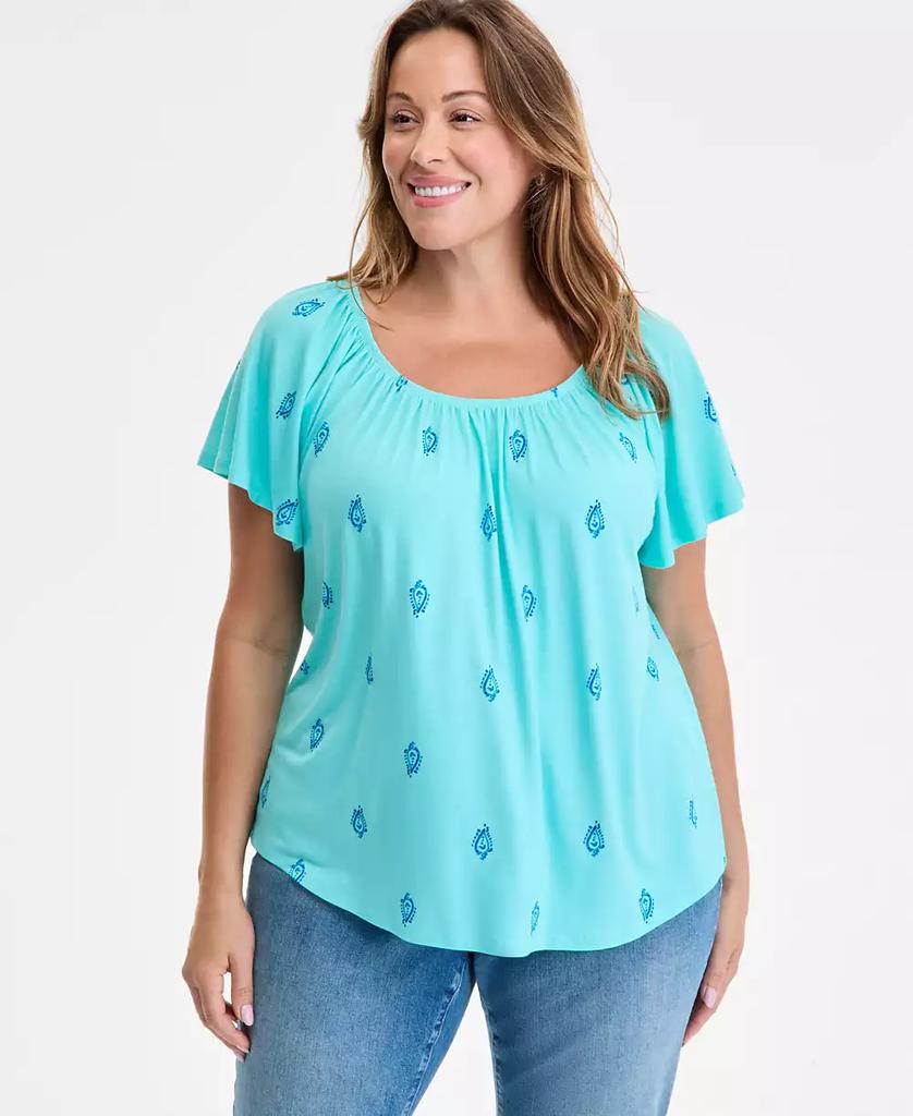 売れ筋商品|||スタイルアンドコー カットソー トップス レディース Women's Flutter-Sleeve Gathered-Neck Top, Exclusively at Macy's Aqua Water Style & Co Style& Co Women's Printed Square-Neck Flutter