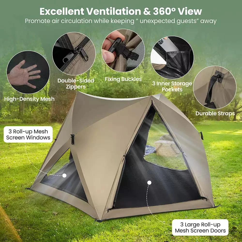 Costway Pop-up Camping Tent for 4/5/6 People with Rainfly Skylight 3 Doors 3 Windows 6