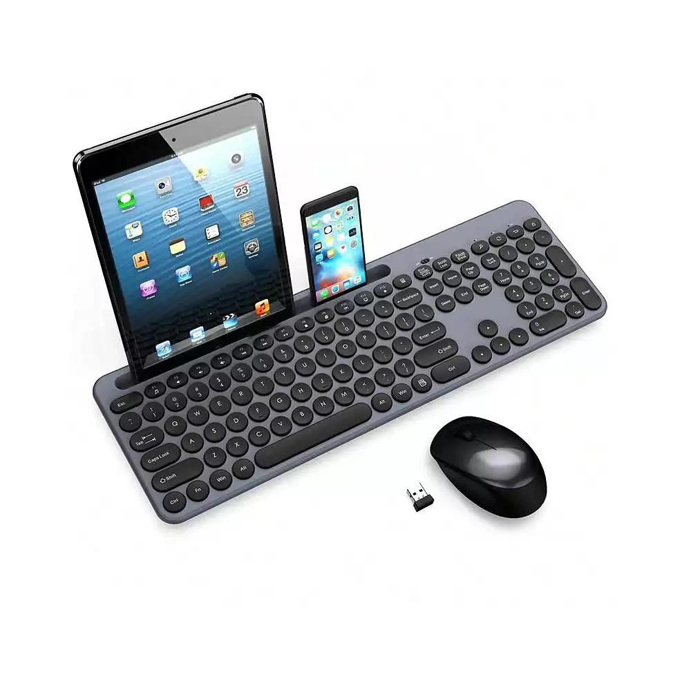 risokeys Wireless Keyboard And Mouse Combo - Full-Sized Ergonomic Keyboard With Holder, 2.4GHz Silent Cordless Set For Windows Laptop, PC, Desktop - Grey