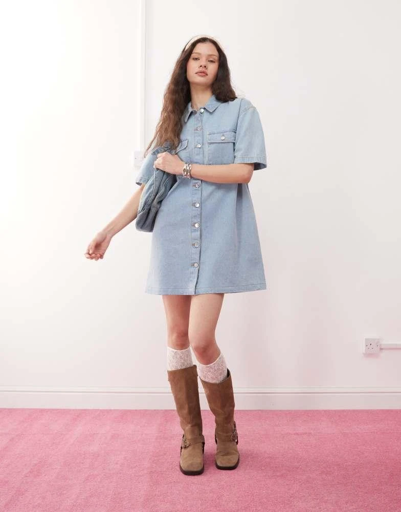 Shop Miss Selfridge oversized short sleeve denim shirt dress in bleach wash  on Sale at BeyondStyle  Get 41% Off Miss Selfridge oversized short sleeve denim  shirt dress in bleach wash with