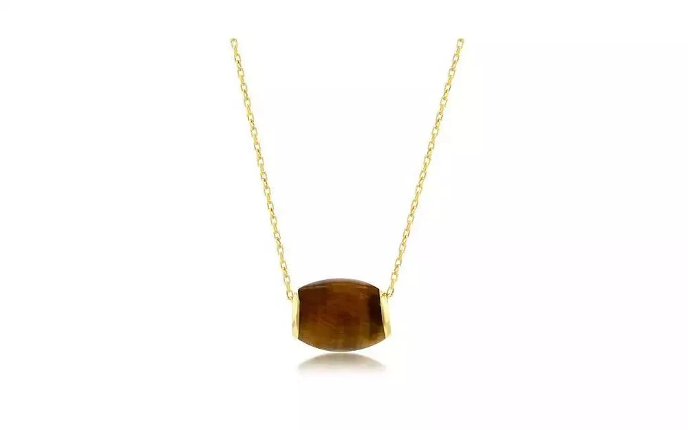 Simona 14K Yellow Gold, Tiger Eye Oval Bead Slide Pendant Neckline 1