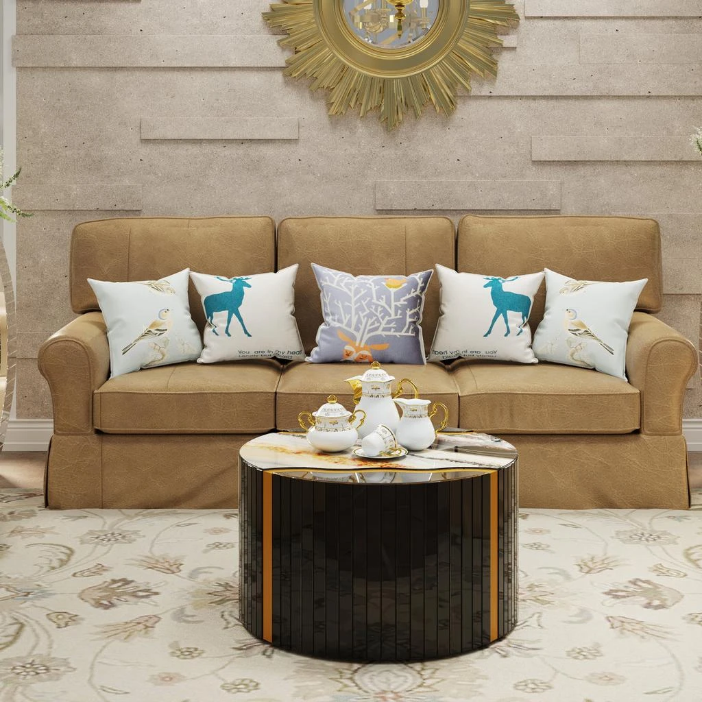 Streamdale Furniture Streamdale Black gold round mirror coffee table with marble pattern sticker side table. 4