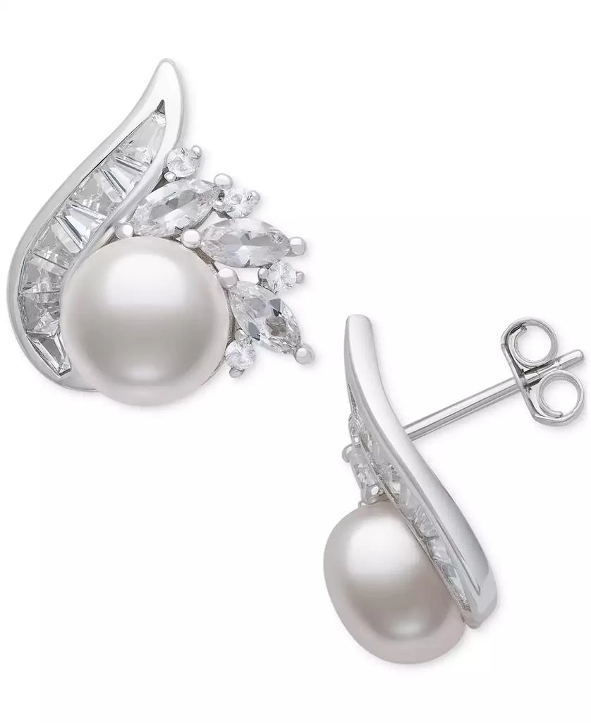 Belle de Mer Cultured Freshwater Pearl (8-9mm) & Lab Created White Sapphire (2 ct. t.w.) Mixed Cut Swirl Stud Earrings in Sterling Silver 3