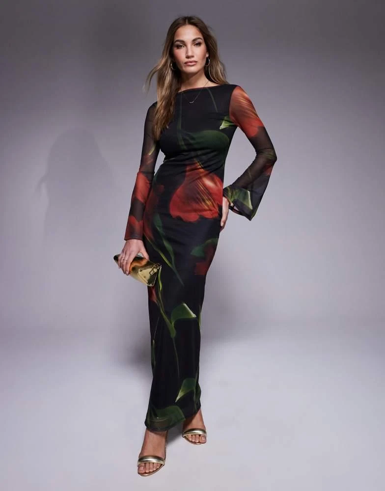 ASOS ASOS DESIGN low back floral mesh maxi dress with angel sleeves in oversized red floral print 1