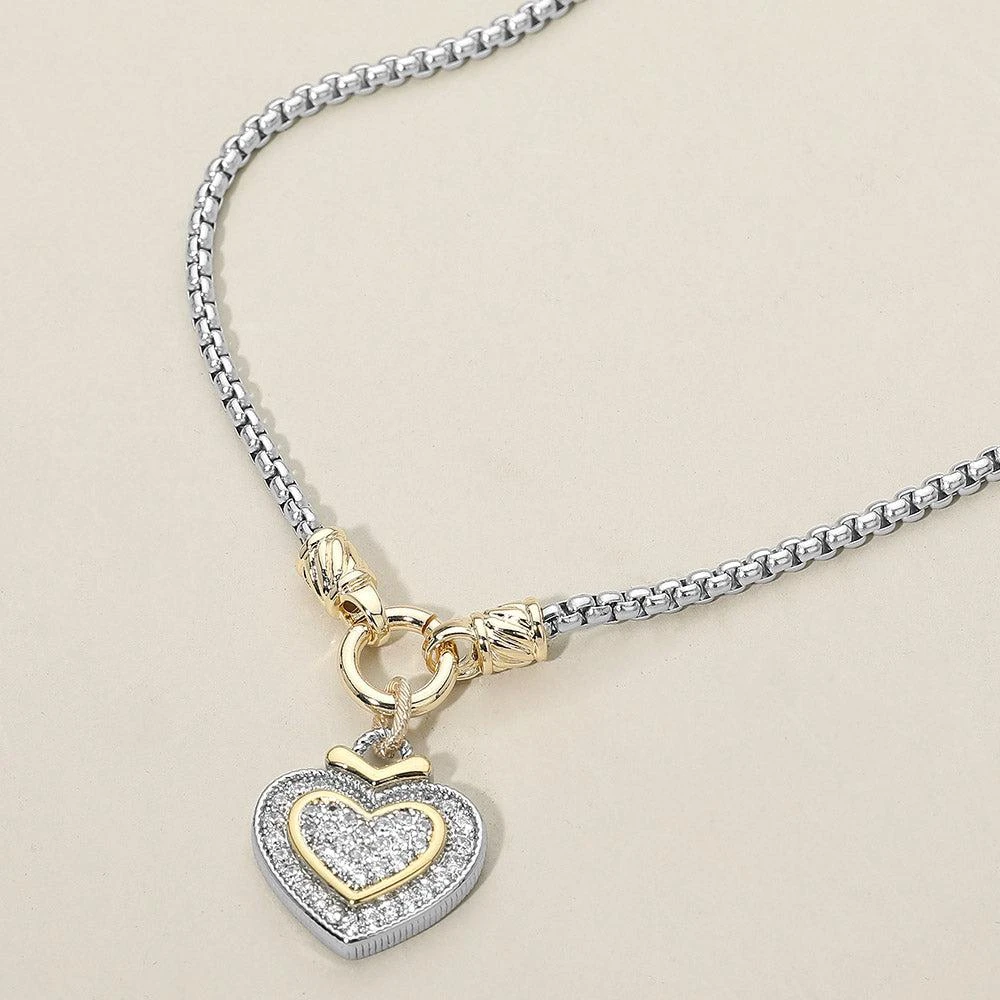FASHNZFAB 14K Gold Plated Two Tone CZ Stone Paved Heart Pendant Necklace