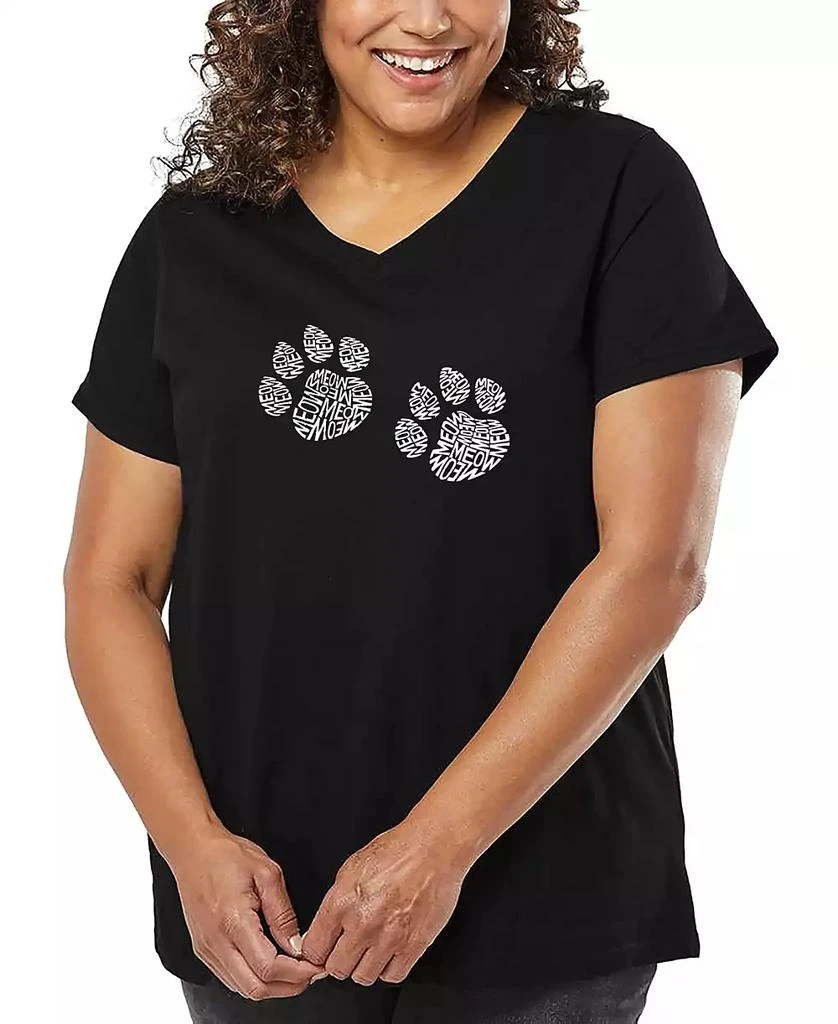 LA Pop Art Plus Size Meow Cat Prints Word Art V-Neck T-Shirt