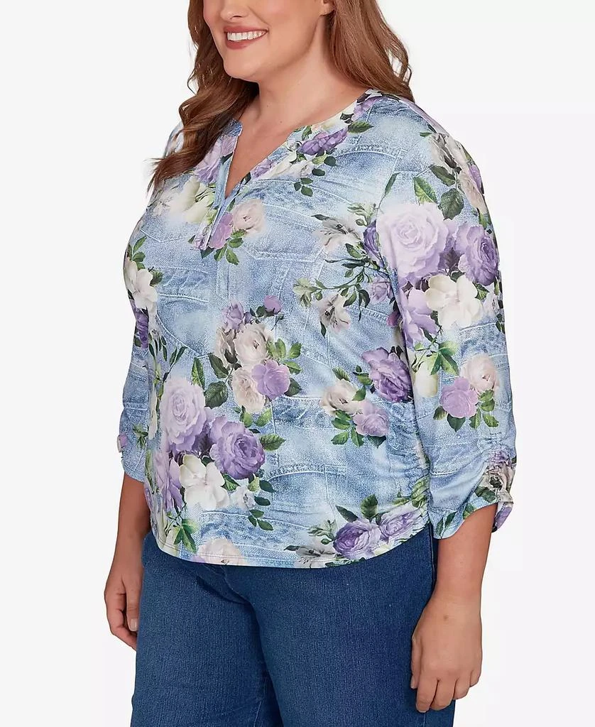 Alfred Dunner Plus Size Hilton Head Denim Floral Applique Henley Top 3