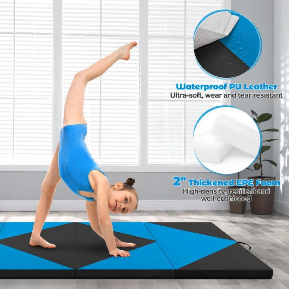 Hivvago 8 Feet PU Leather Folding Gymnastics Mat with Hook and Loop Fasteners-Blue 6