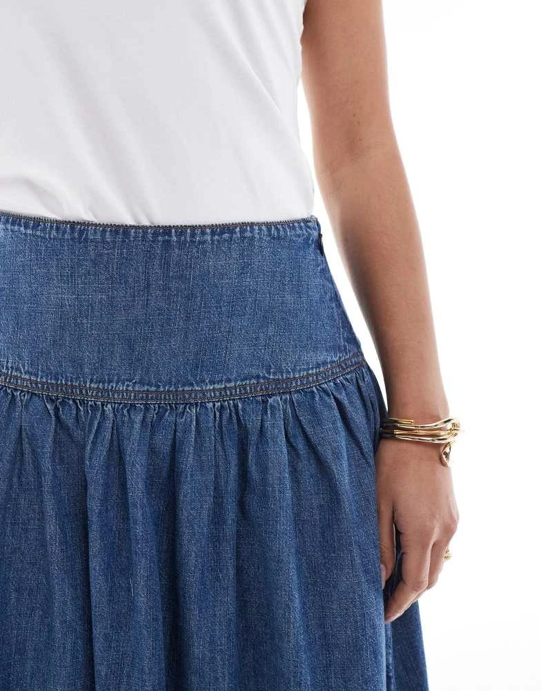 ASOS ASOS DESIGN denim drop waist maxi skirt with linen in midwash blue 5