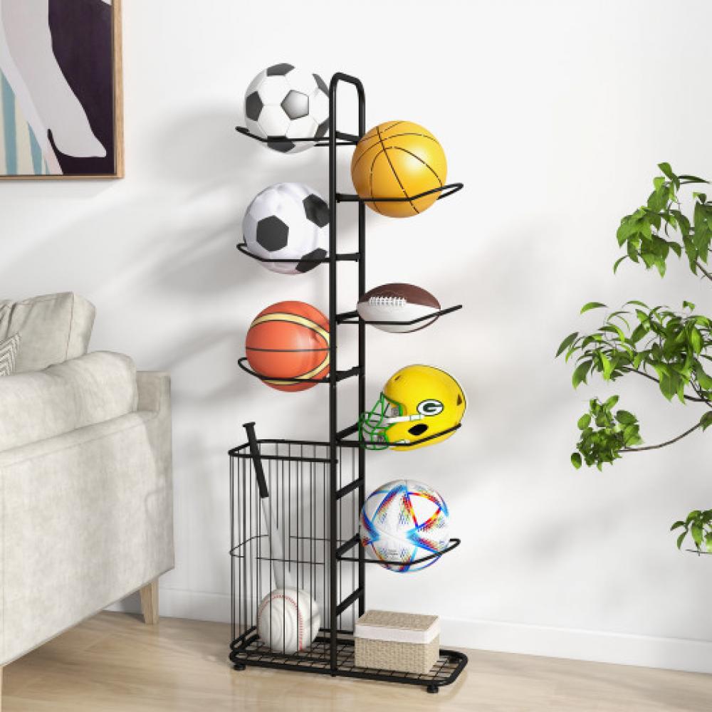 Hivvago Metal Basketball Holder with 7 Removable Hanging Rods and Side Ball Basket
