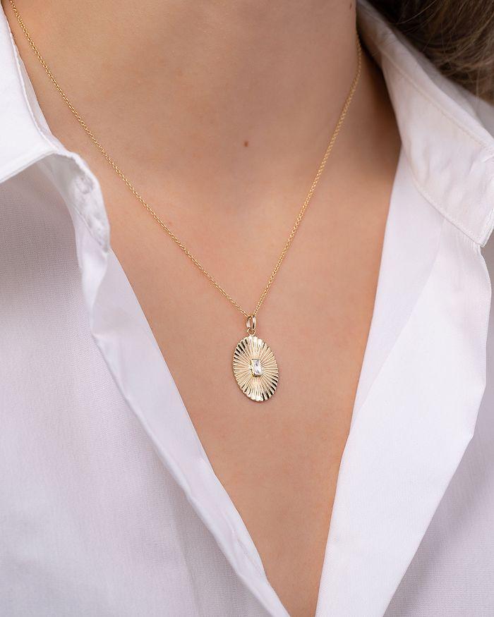 Zoe Lev 14K Gold Diamond Baguette Oval Pleated Disc Pendant Necklace, 16"-18"