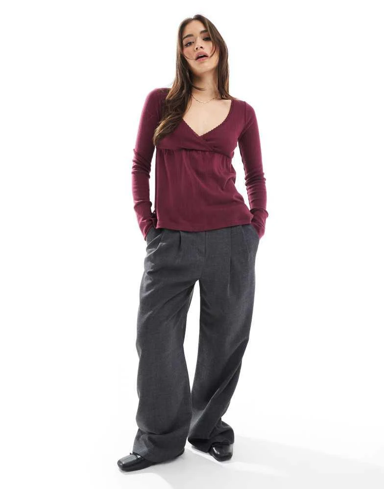 HOLLISTER Hollister long sleeve babydoll pointelle top in burgundy 3
