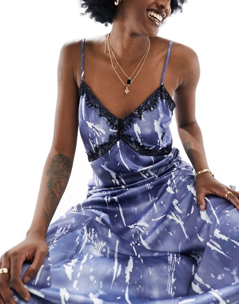 Vero Moda Tall Vero Moda Tall satin maxi slip dress with lace trim in blue crinkle print