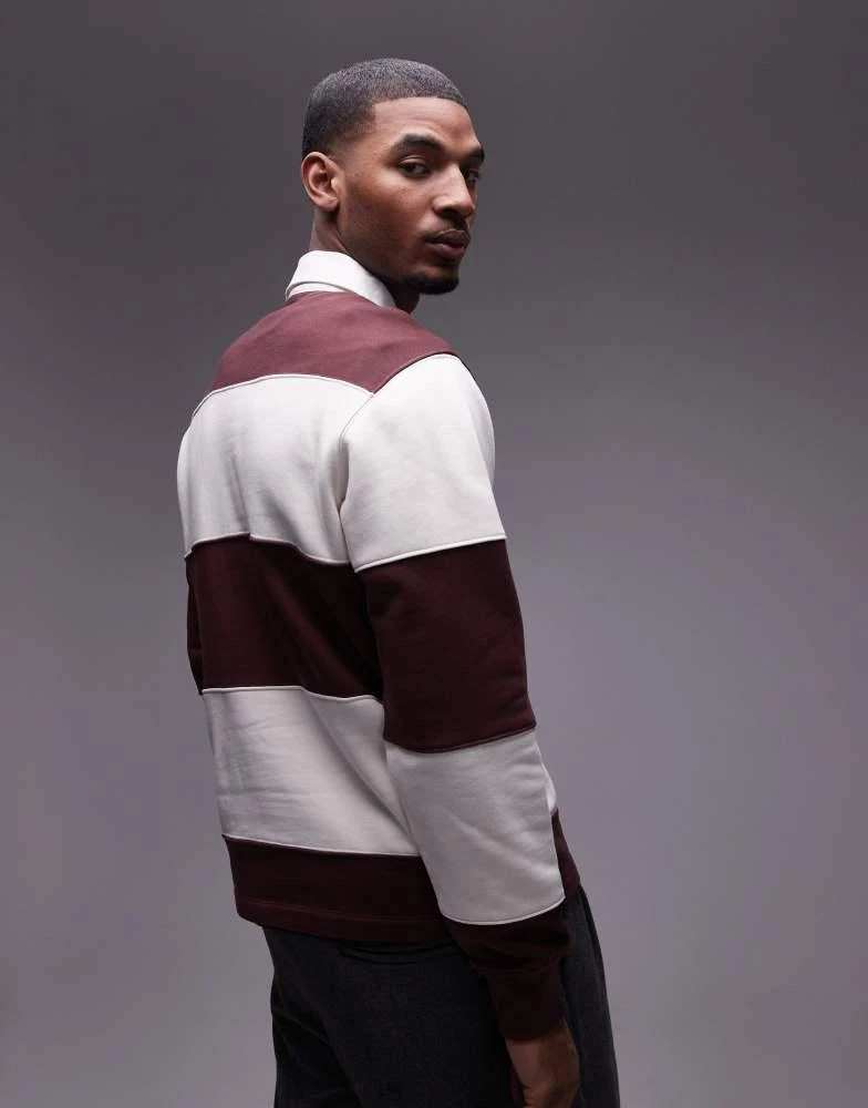 Mango Mango rugby polo shirt in burgundy & white stripe 3