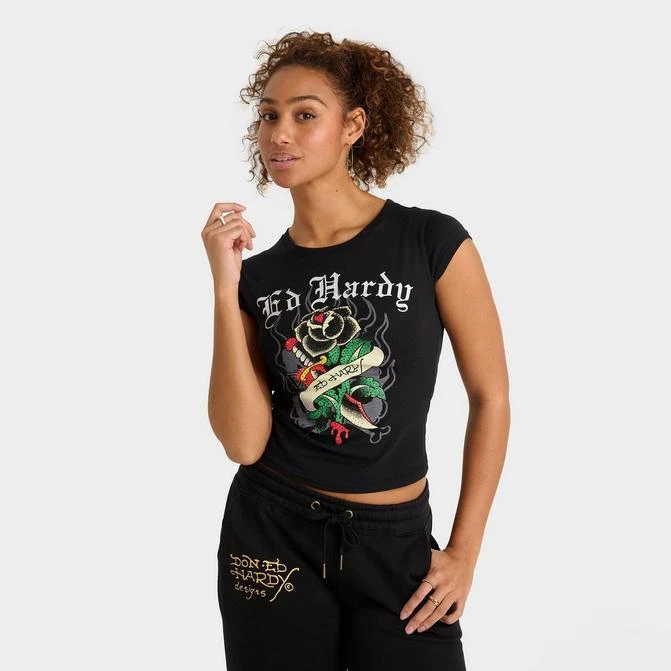 Ed Hardy Women's Ed Hardy Black Rose Rhinestone Capped-Sleeve Baby T-Shirt 1