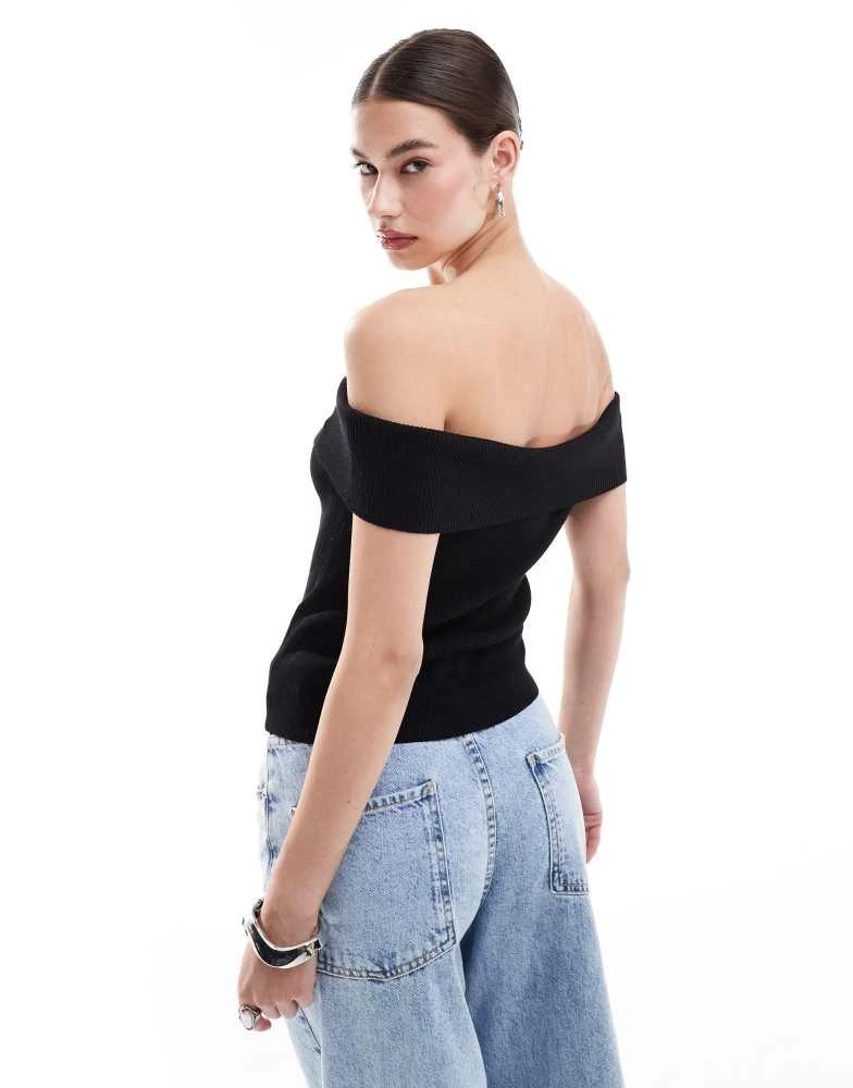 Monki Monki rib knit off shoulder foldover top in black 4