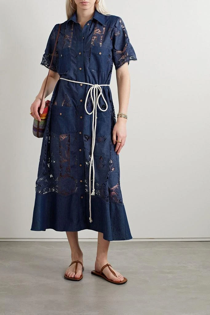MIGUELINA Berly belted corded lace and cotton-chambray midi dress 2