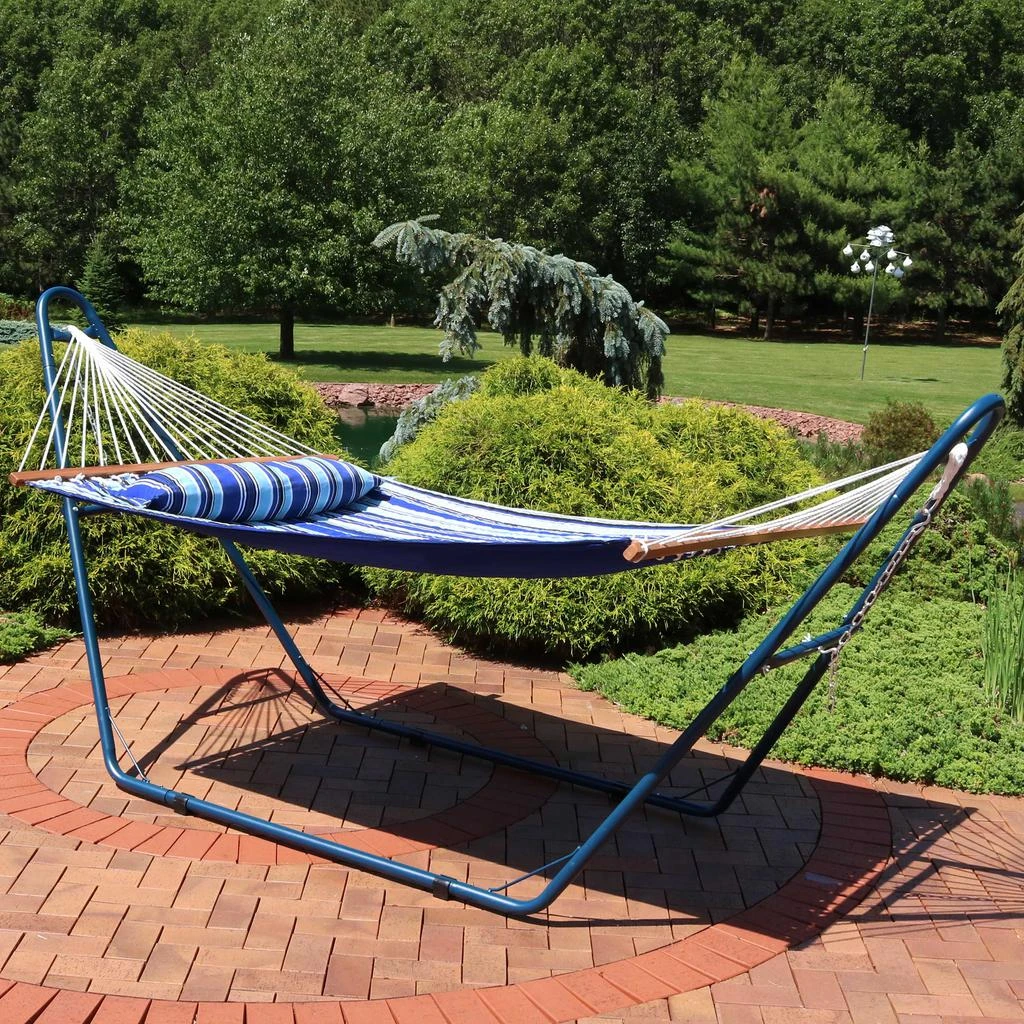 Sunnydaze Outdoor 2-Person Double Polyester Quilted Hammock with Wood Spreader Bar and Matte Blue Steel Multi-Use Stand - Catalina Beach 4