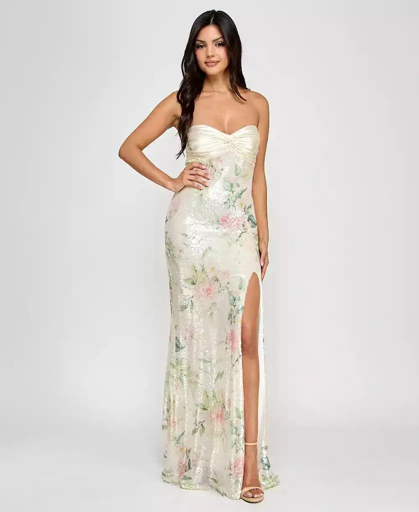 City Studios Juniors' Satin Twist-Front Bow-Back Sequined Gown - Ivory/green/pink - Size 13/14 City Studios Juniors' Satin Twist-Front Bow-Back Sequined Gown - Ivory/green/pink - Size 13/14