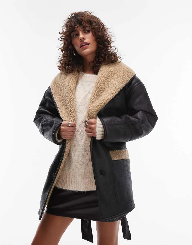 Topshop Topshop belted faux leather shearling jacket in black and cream 1
