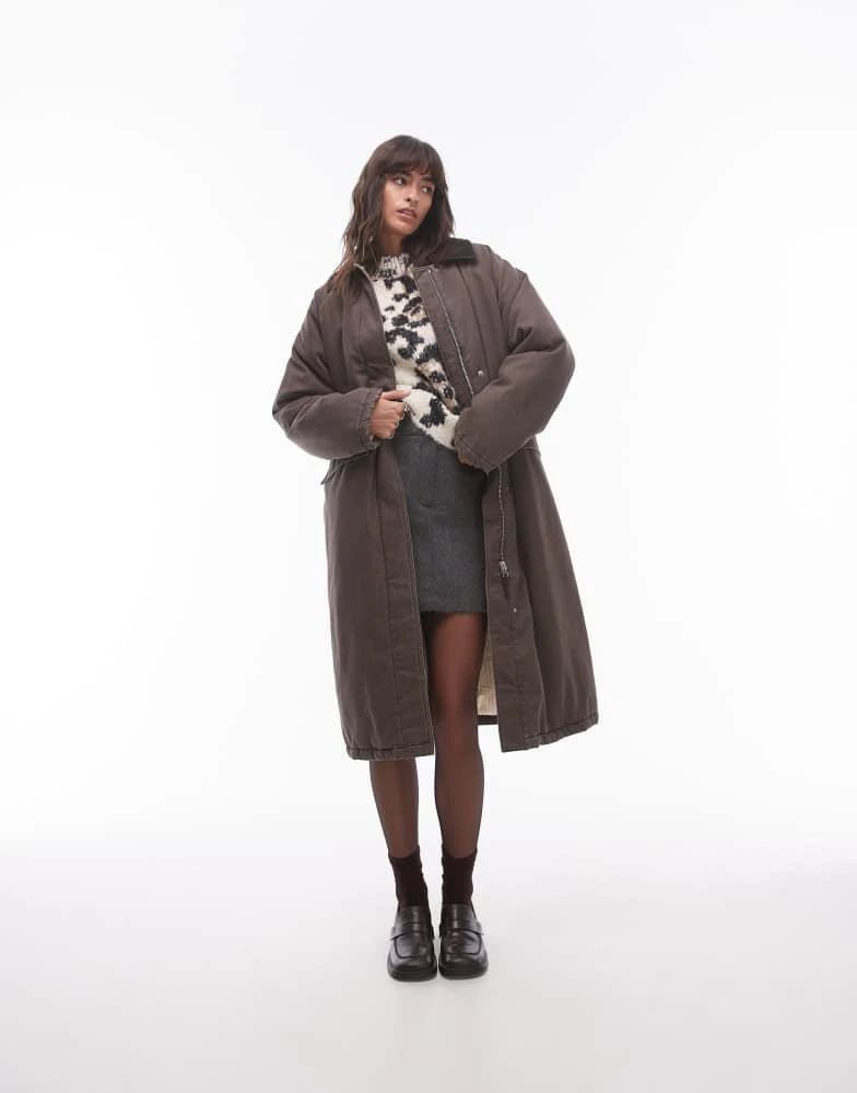 Topshop Topshop longline cotton padded jacket with cord collar in brown 4