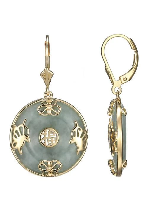 Dynasty Jade 18 Kt Gold Over Sterling Silver Jade Good Luck Disc Lever Back Drop Earring 1