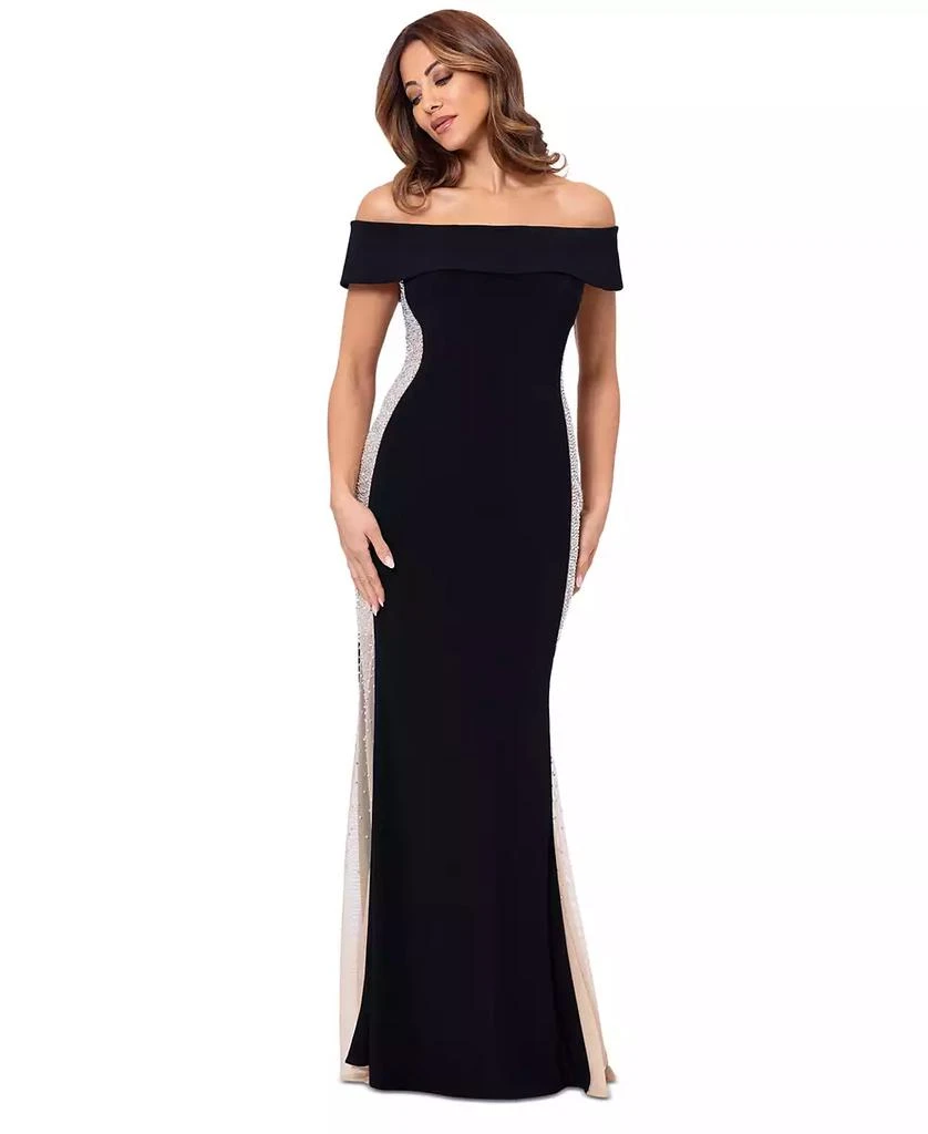 XSCAPE Petite Beaded-Panel Off-The-Shoulder Dress 1