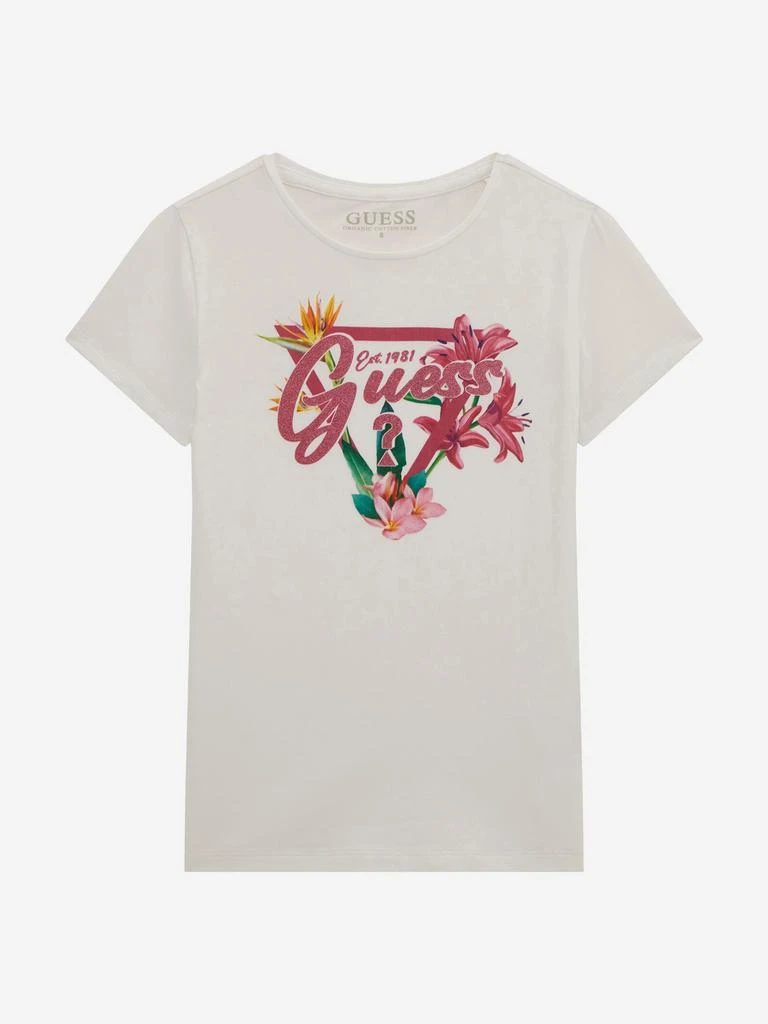 GUESS Girls Floral Logo T-Shirt in White 1