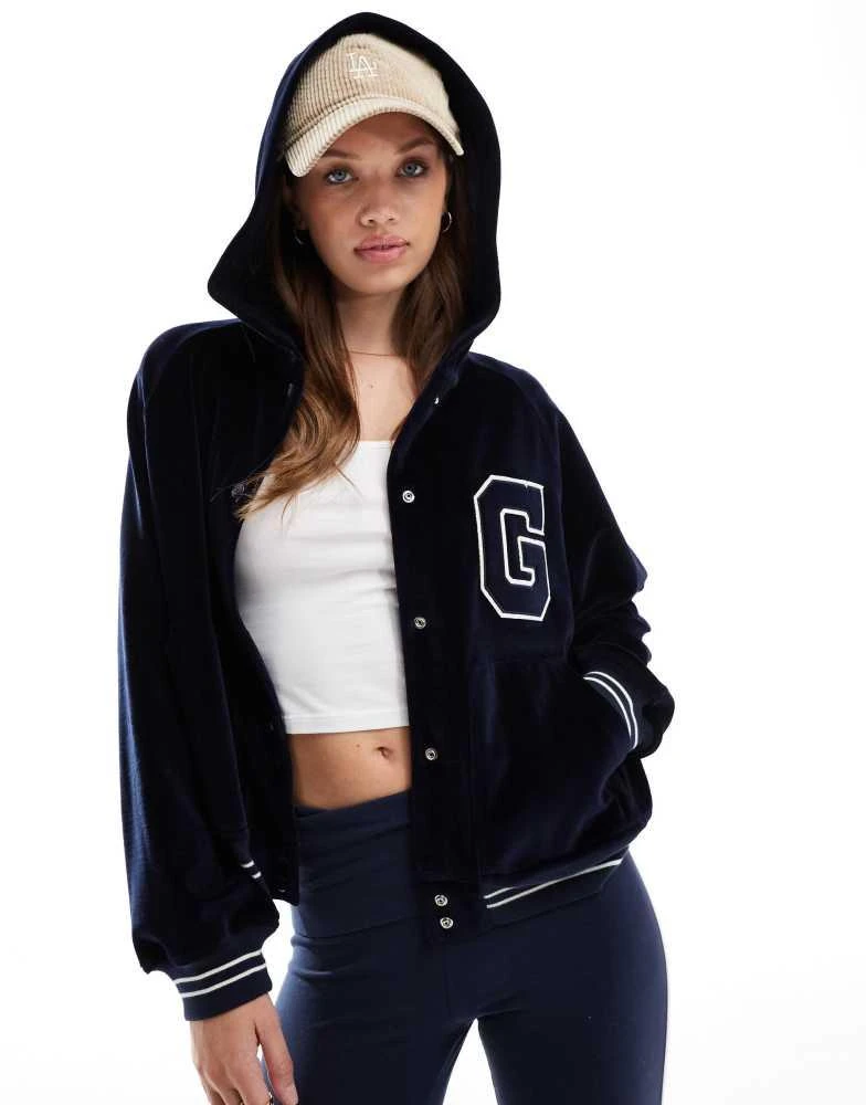 Gant GANT velour hooded bomber jacket with varsity logo in navy 1
