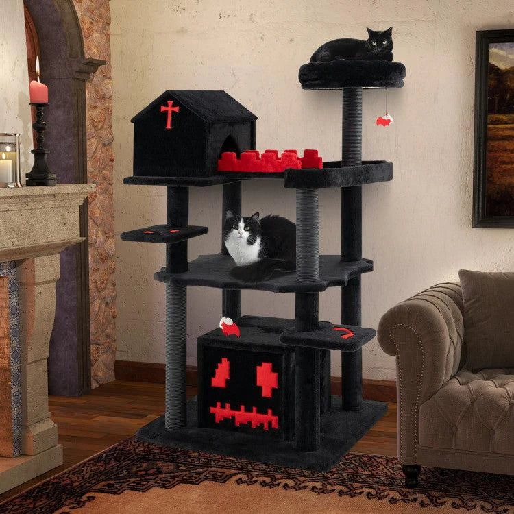 Hivvago Gothic Cat Tree 49 Inch Tall Cat Tower 6-Tier Cat Activity Center With Coffin Bed 1