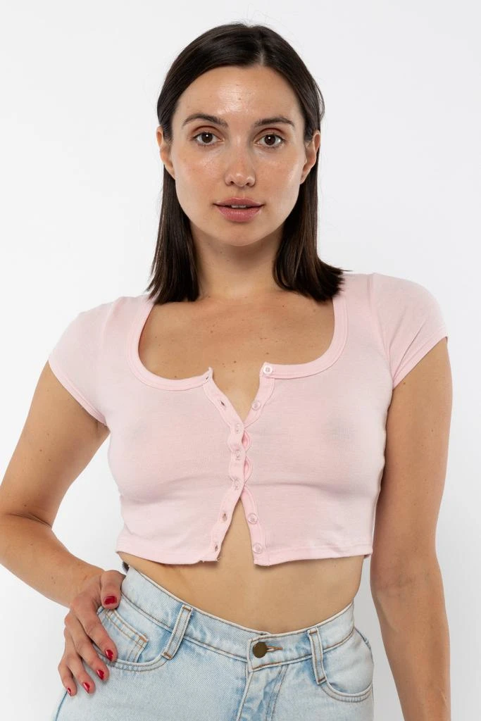 Los Angeles Apparel 43025 - Baby Rib Short Sleeve Button Up Crop Top 3