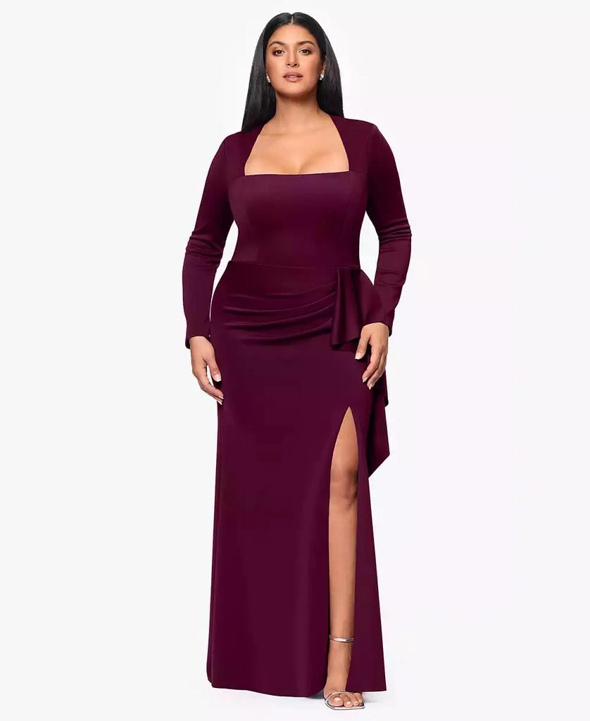 XSCAPE Plus Size Scuba Square-Neck Ruffle-Side Gown 1
