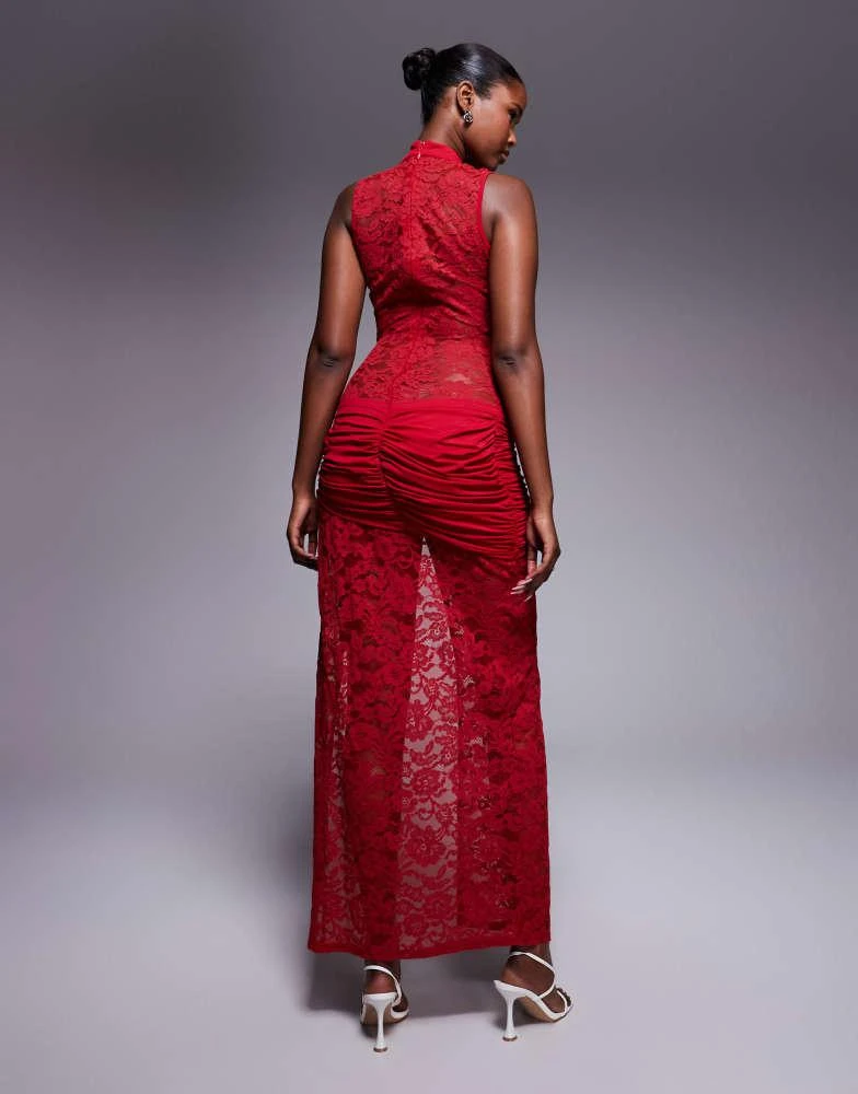 Murci Murci sheer lace high neck keyhole plunge gold hardware detail maxi dress in RED - RED - UK 14 Murci Murci sheer lace high neck keyhole plunge gold hardware detail maxi dress in RED - RED - UK 14