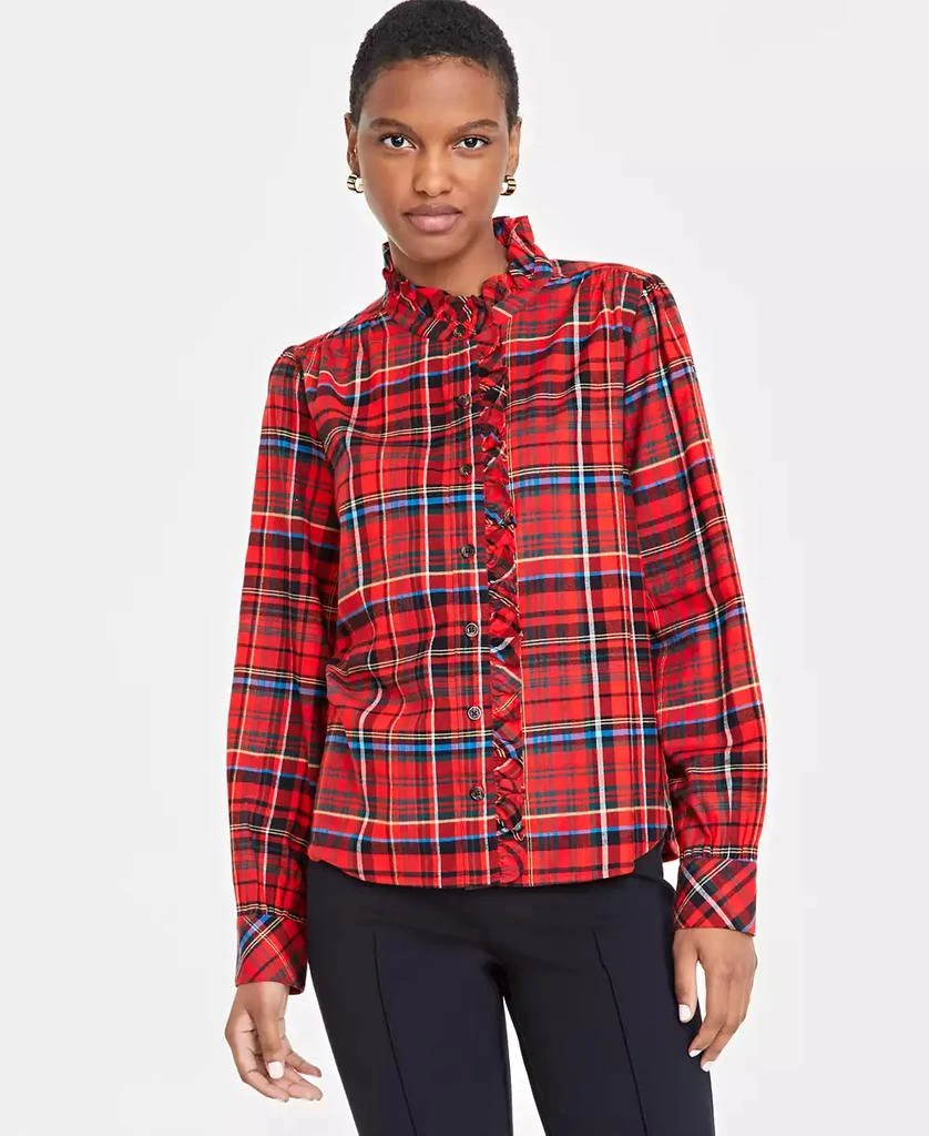 On 34th Women's Festive Plaid Ruffle-Neck Flannel Shirt, Created for Macy's 1