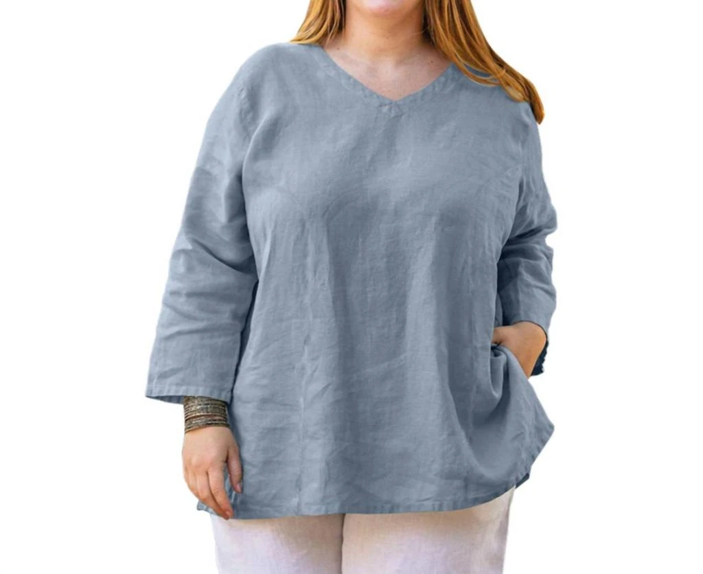 On The Plus Side Linen 3/4 Sleeve V-Neck Top - Plus In Cerulean Blue 1
