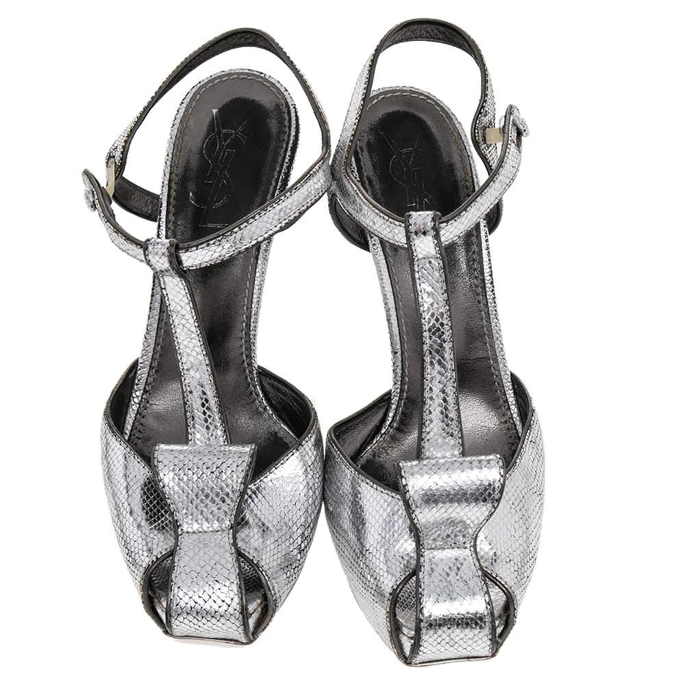 Yves Saint Laurent Saint Laurent Paris Silver Embossed Leather T Strap Sandals Size 37 3