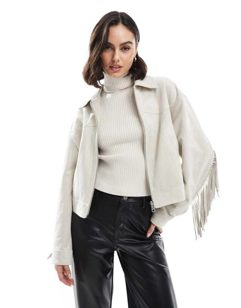 Bershka Bershka faux suede fringe detail jacket in ecru 1
