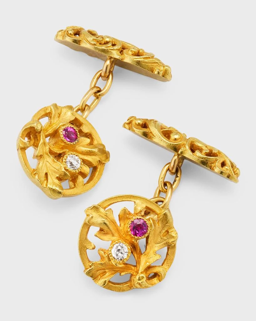 NM Estate Estate Art Nouveau 18K Yellow Gold Diamond Ruby Circular Floral Leaf Cuff Links 1