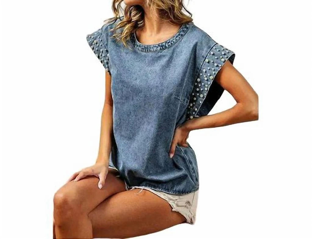 Umorger Denim Acid Wash Top With Pearl Embellished Sleeves In Dusk Blue 4