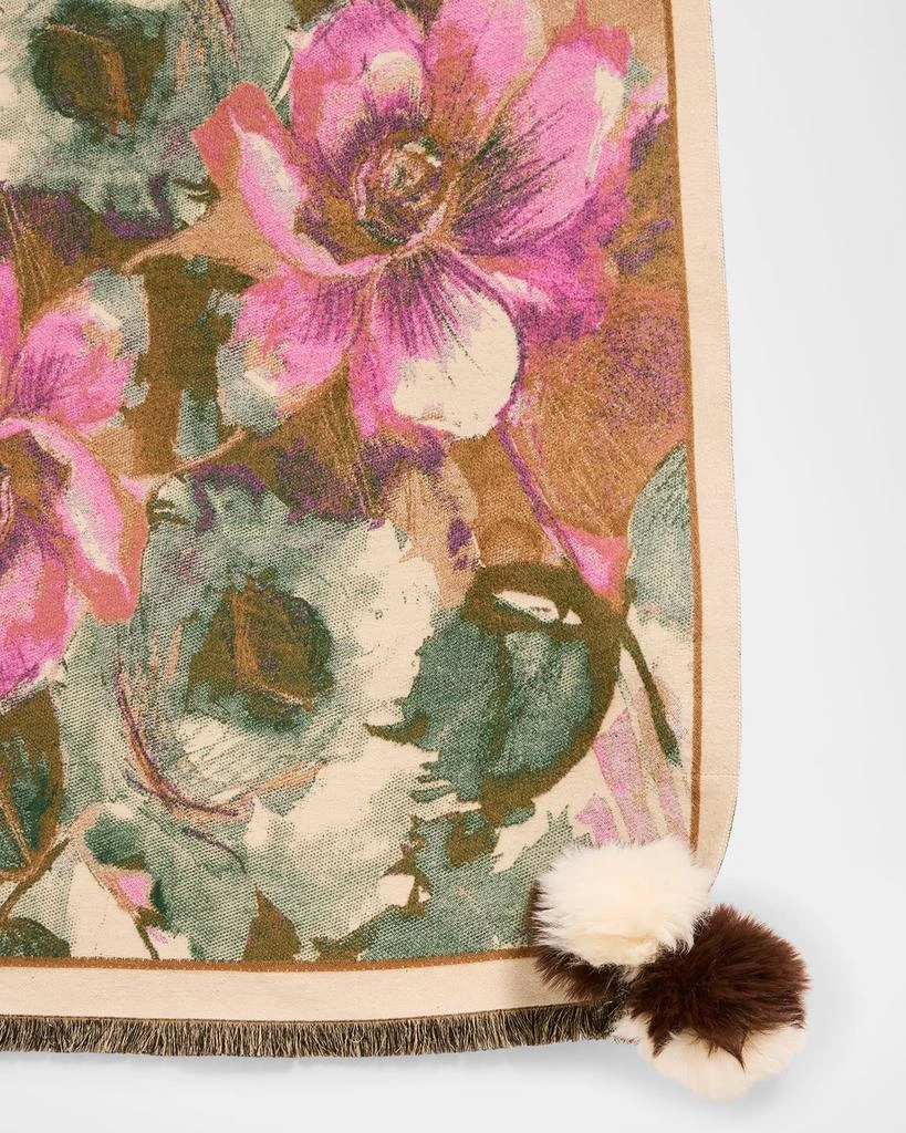 La Fiorentina Floral-Print Scarf W/ Faux Fur Poms 4