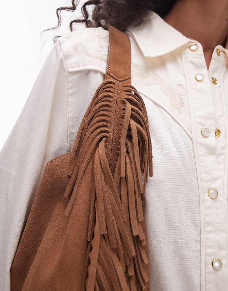 & Other Stories & Other Stories slouchy suede leather fringe shoulder bag in brown