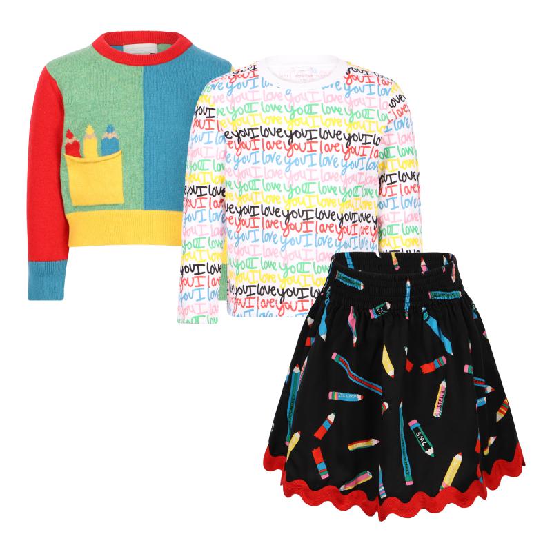 Stella McCartney Kids Color blocks pencils woolen sweater i love you long sleeved t shirt and twill skirt set