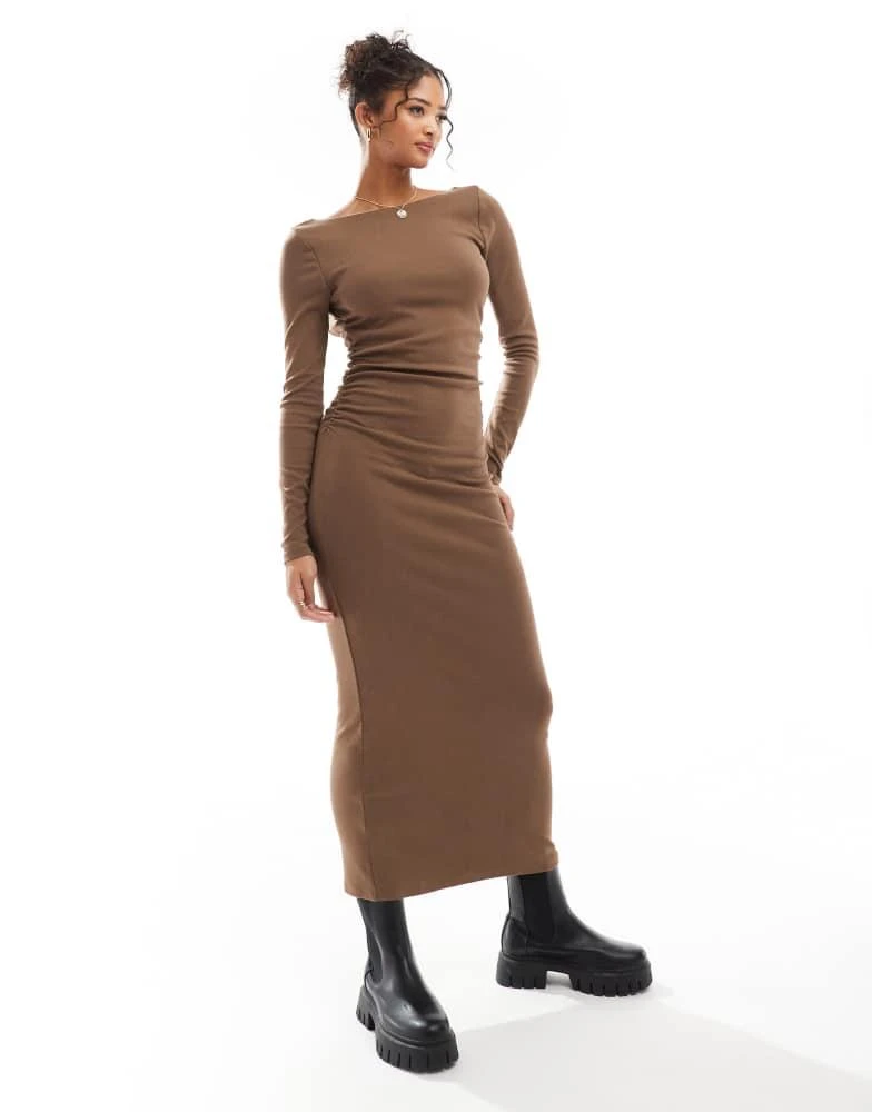 ASOS ASOS DESIGN long sleeve ruched side midi dress in brown 1