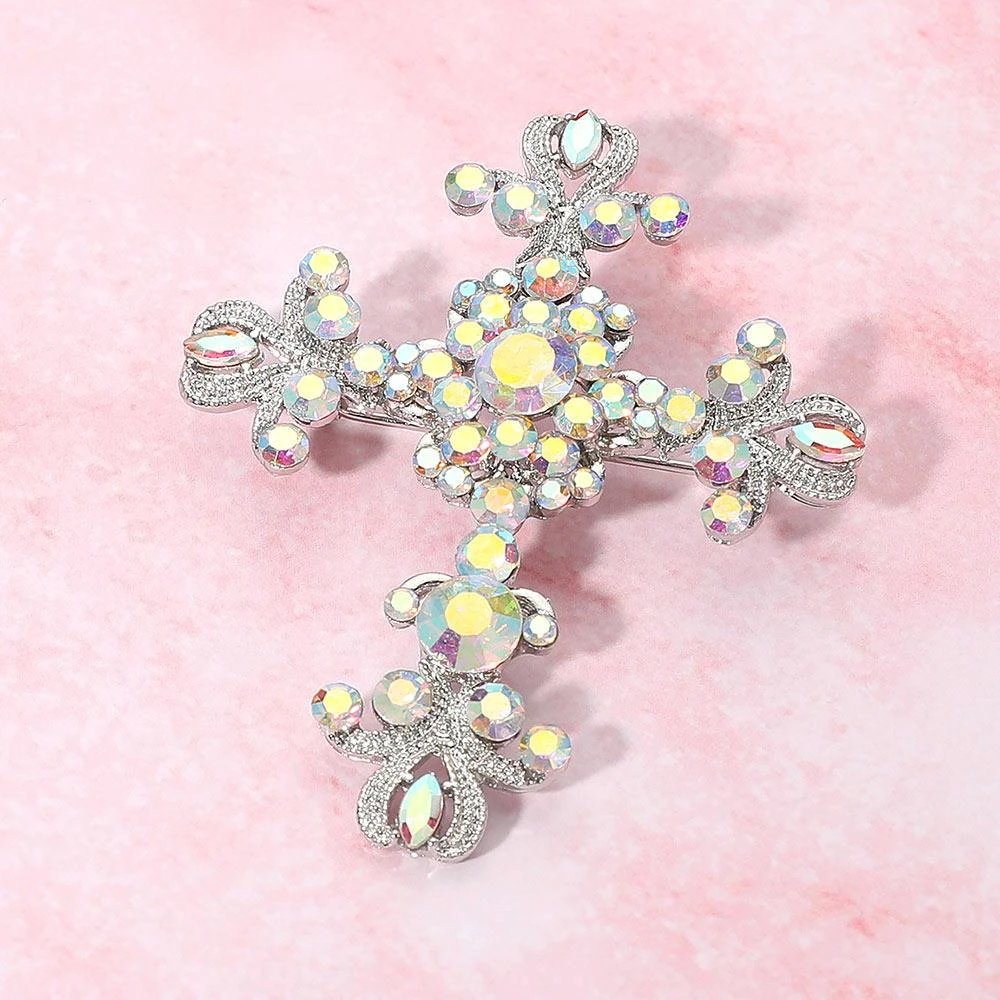 FASHNZFAB Elegant Stone Embellished Cross Pin Brooch