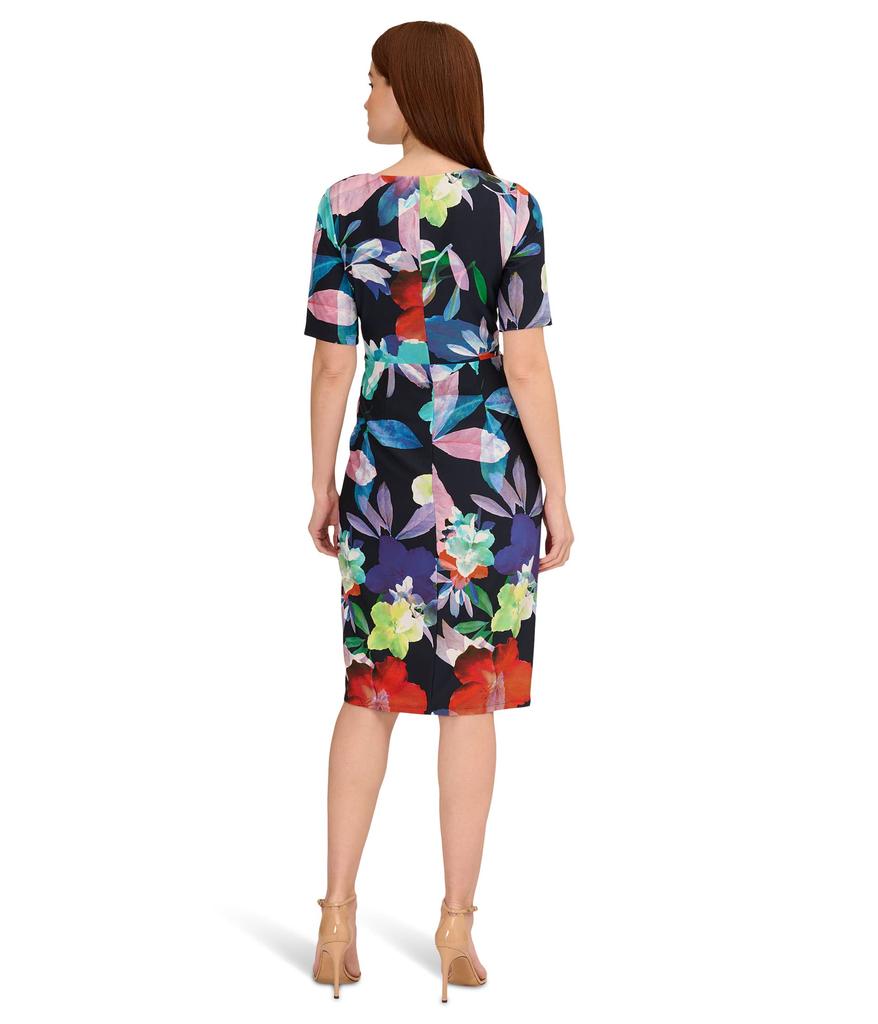 Adrianna Papell Printed Stretch Crepe Chiffon Short Sleeve Side Wrap Dress