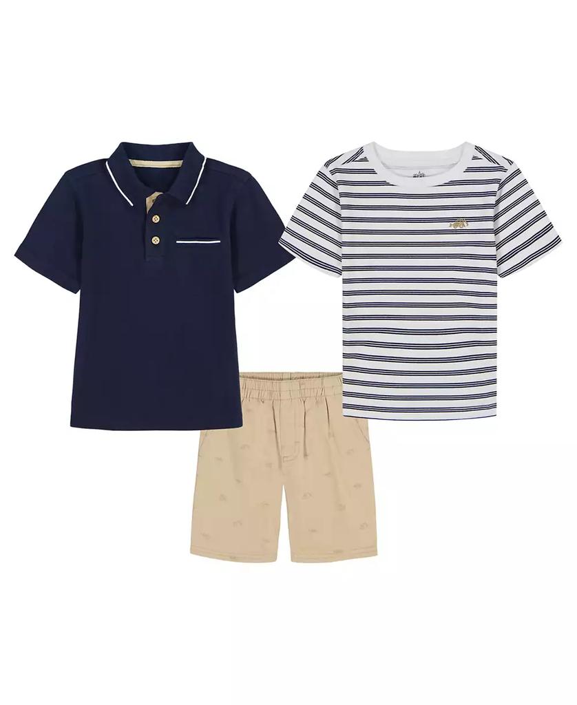 KIDS HEADQUARTERS Toddler and Little Boys 3-Piece Tipped Polo Shirt, Striped T-Shirt and Printed Twill Shorts Set