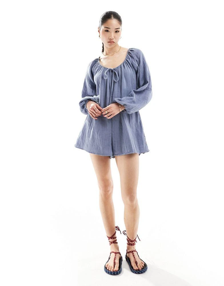 ASOS ASOS DESIGN long sleeve romper playsuit with bead detailing in blue 4