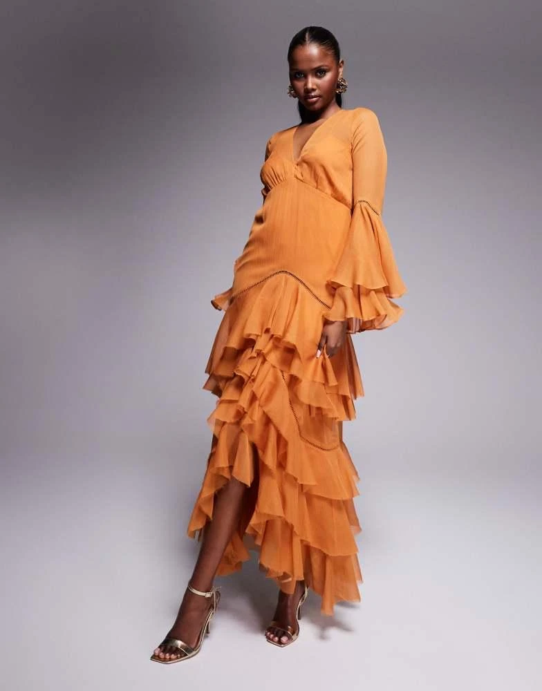 ASOS Design plunge ruffle tiered maxi dress with lace inserts in rust ASOS Design plunge ruffle tiered maxi dress with lace inserts in rust