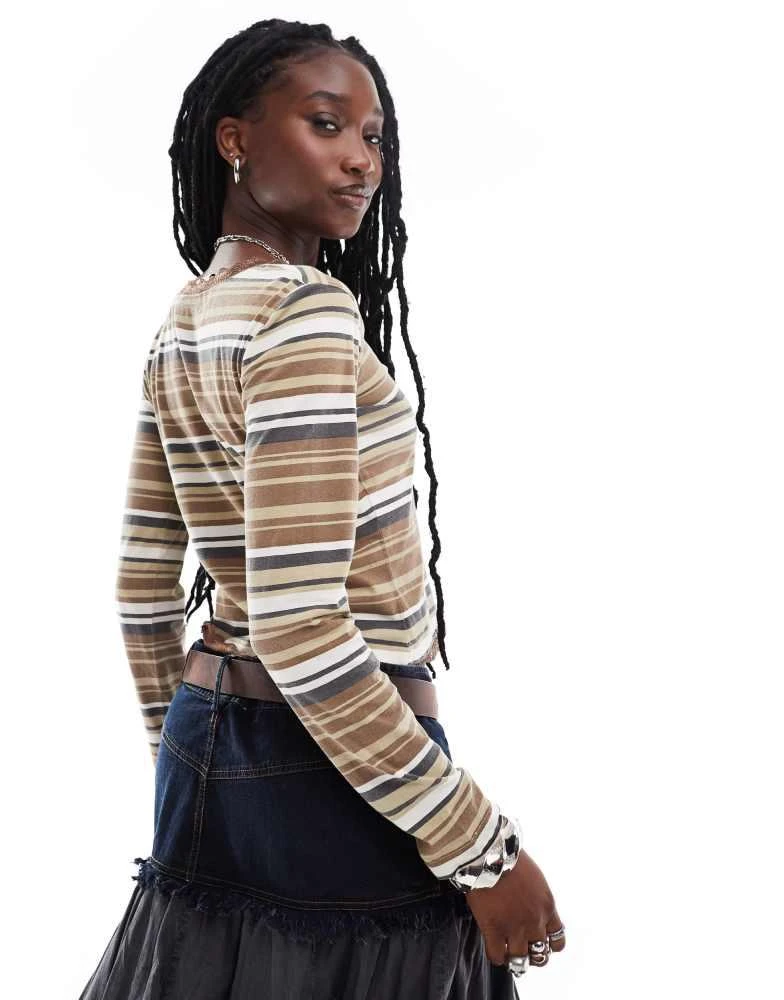 Daisy Street Daisy Street long sleeve washed stripe jersey top with lace detail 4